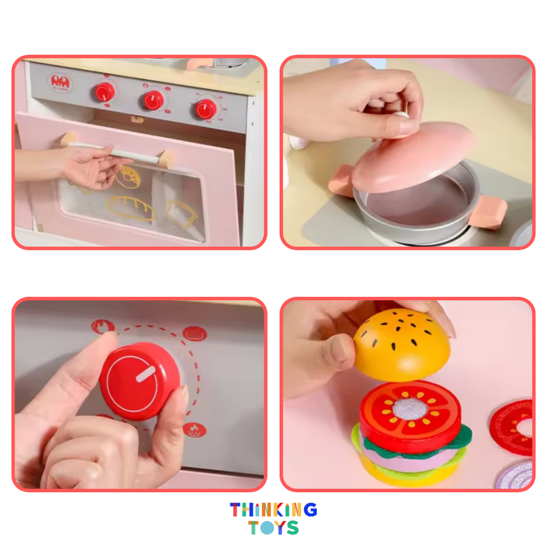 PP012, PLAYSHOP Wooden Double-sided Burger Shop Playset, Creates interactive fun where kids role play shopping, selling, and sharing with friends.