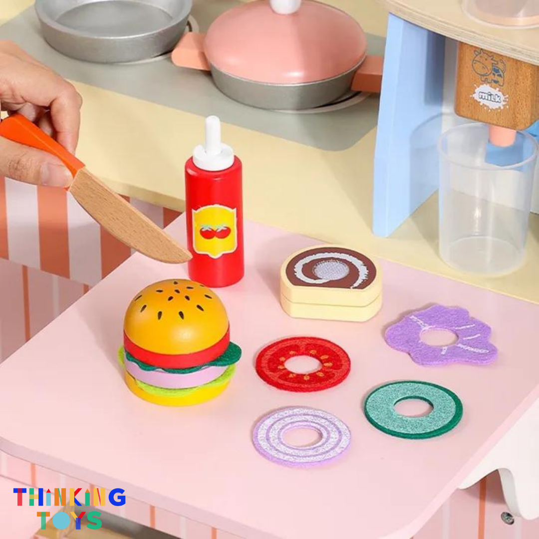 PP012, PLAYSHOP Wooden Double-sided Burger Shop Playset, Creates interactive fun where kids role play shopping, selling, and sharing with friends.