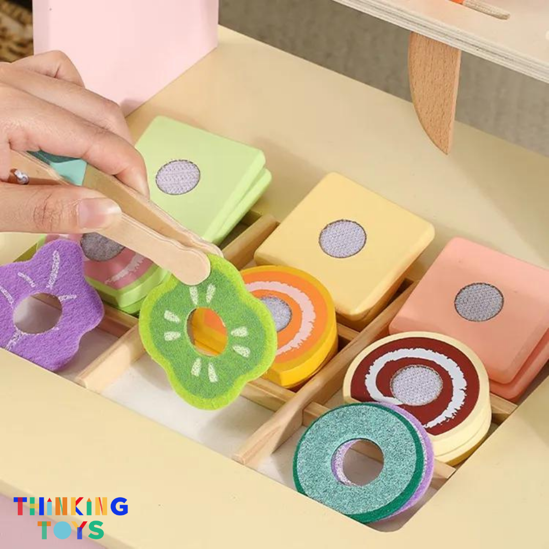 PP012, PLAYSHOP Wooden Double-sided Burger Shop Playset, Creates interactive fun where kids role play shopping, selling, and sharing with friends.