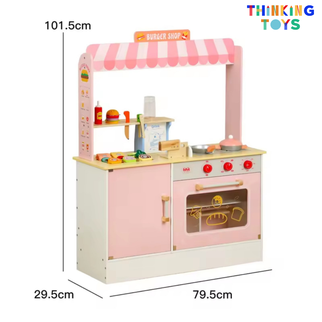PP012, PLAYSHOP Wooden Double-sided Burger Shop Playset, Creates interactive fun where kids role play shopping, selling, and sharing with friends.
