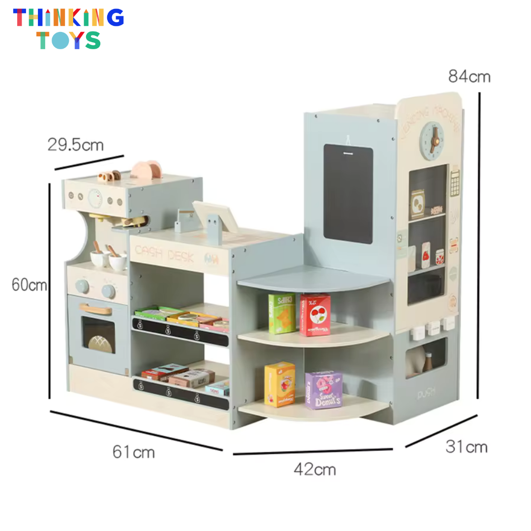 PP013, Super Market with
Coffee and Vending Machine, Promotes imaginative role play, teamwork, and learning as kids set up their own market.