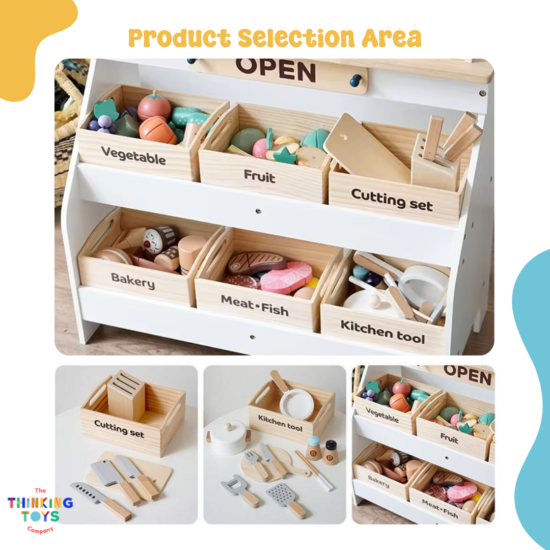 PP014, Modern Market Booth plus accessories C and D , Sparks pretend self-care play while encouraging organization, creativity, and storytelling.