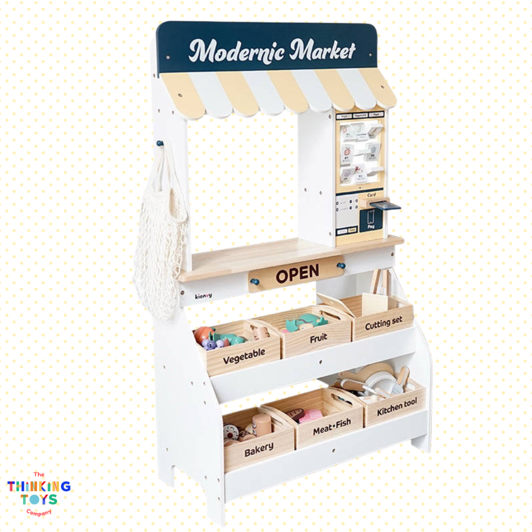 PP014, Modern Market Booth plus accessories C and D , Sparks pretend self-care play while encouraging organization, creativity, and storytelling.