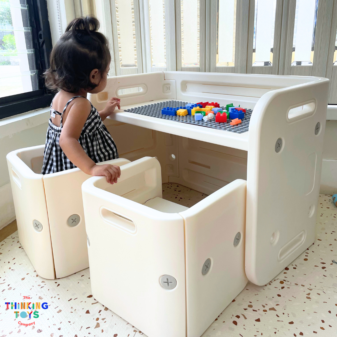 "PTC-002, 8 in 1 Multifunctional Cube Table
and Chairs, Provides comfort and stability to help children stay engaged during learning."