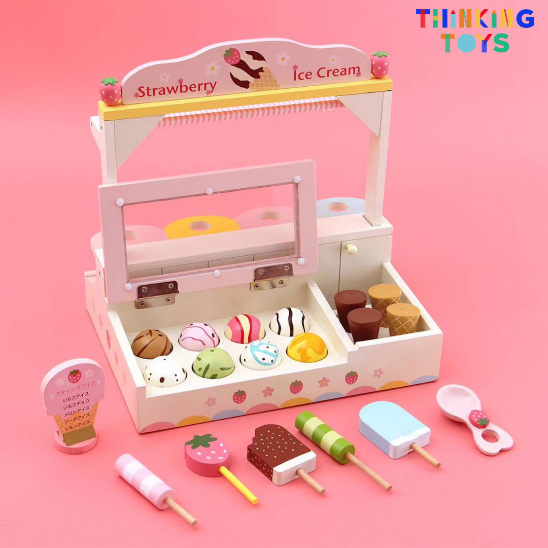 SP002, PLAYSHOP Wooden Strawberry Ice Cream Playset, Sparks creativity and social interaction through playful pretend dessert making.