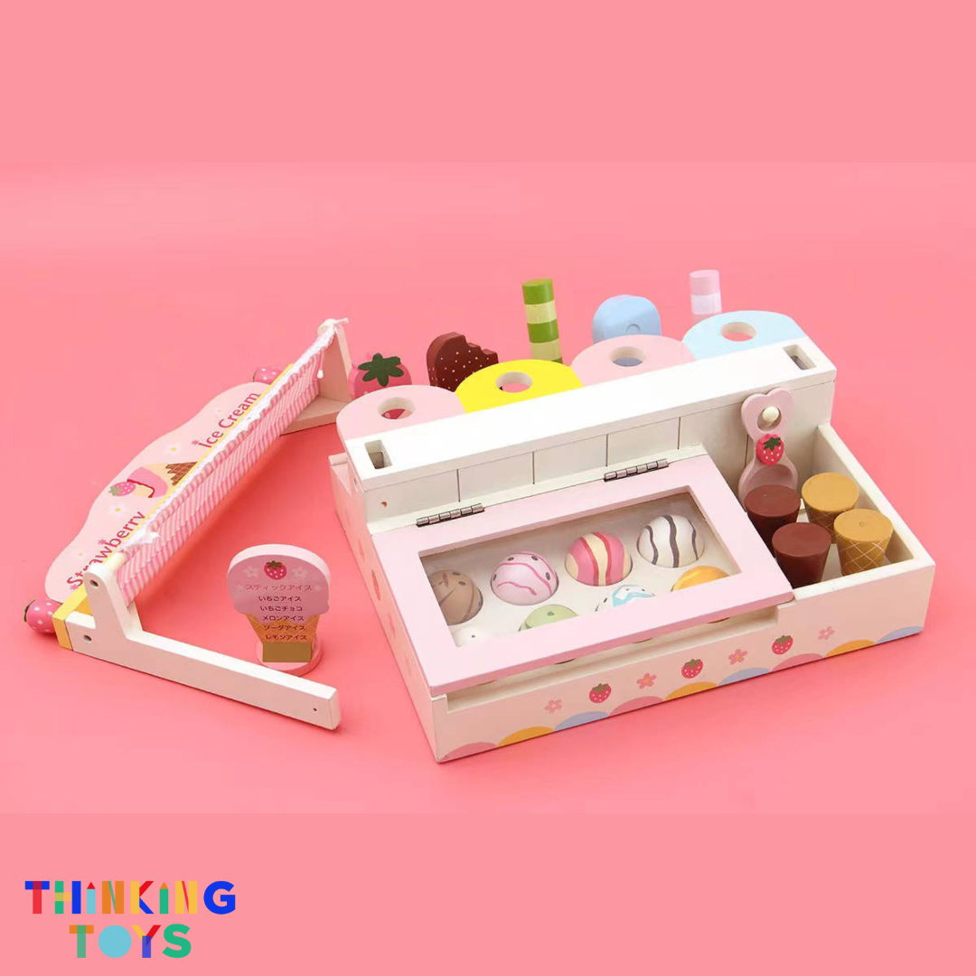 SP002, PLAYSHOP Wooden Strawberry Ice Cream Playset, Sparks creativity and social interaction through playful pretend dessert making.