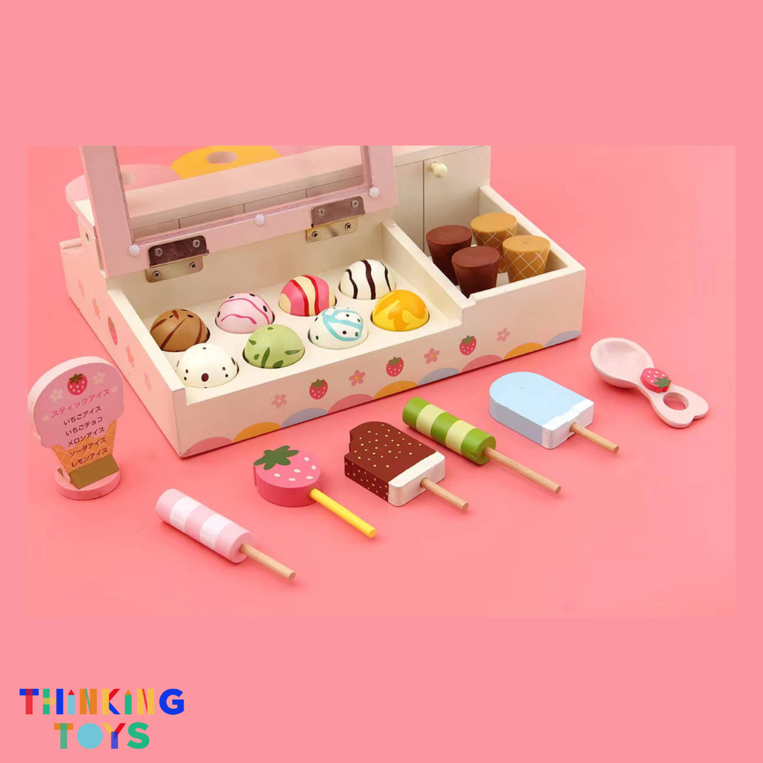 SP002, PLAYSHOP Wooden Strawberry Ice Cream Playset, Sparks creativity and social interaction through playful pretend dessert making.