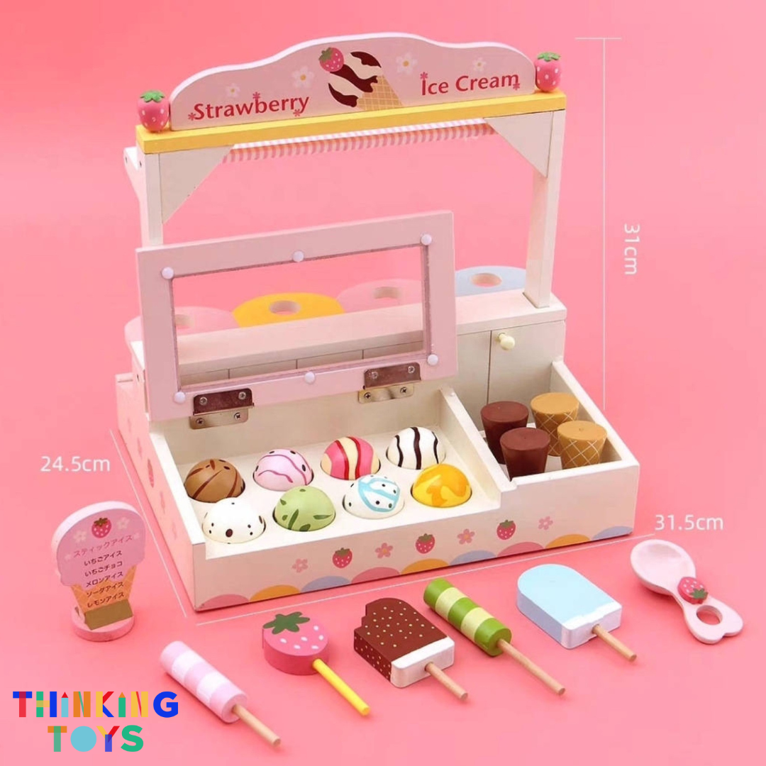 SP002, PLAYSHOP Wooden Strawberry Ice Cream Playset, Sparks creativity and social interaction through playful pretend dessert making.
