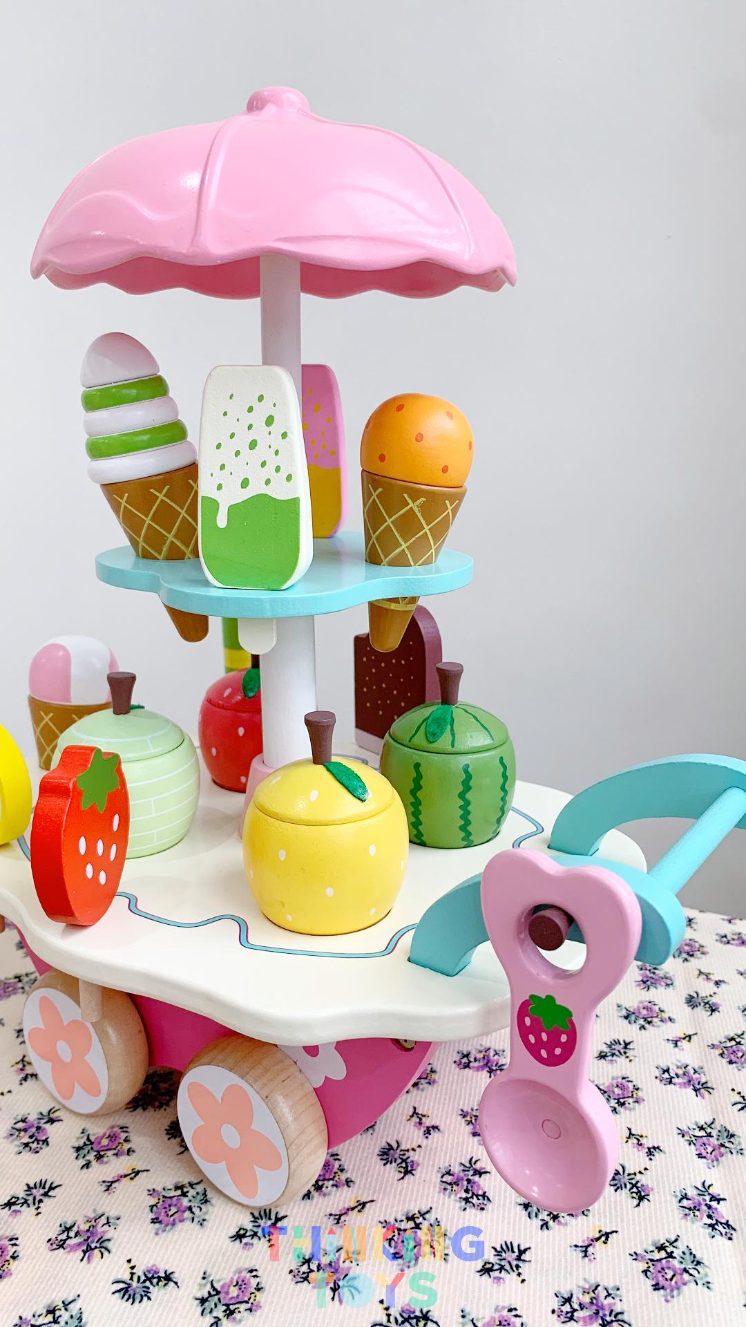 SP004, PLAYSHOP Wooden Mini Ice Cream Truck Cart Playset, Creates fun dessert scenarios that encourage creativity and teamwork in role play.