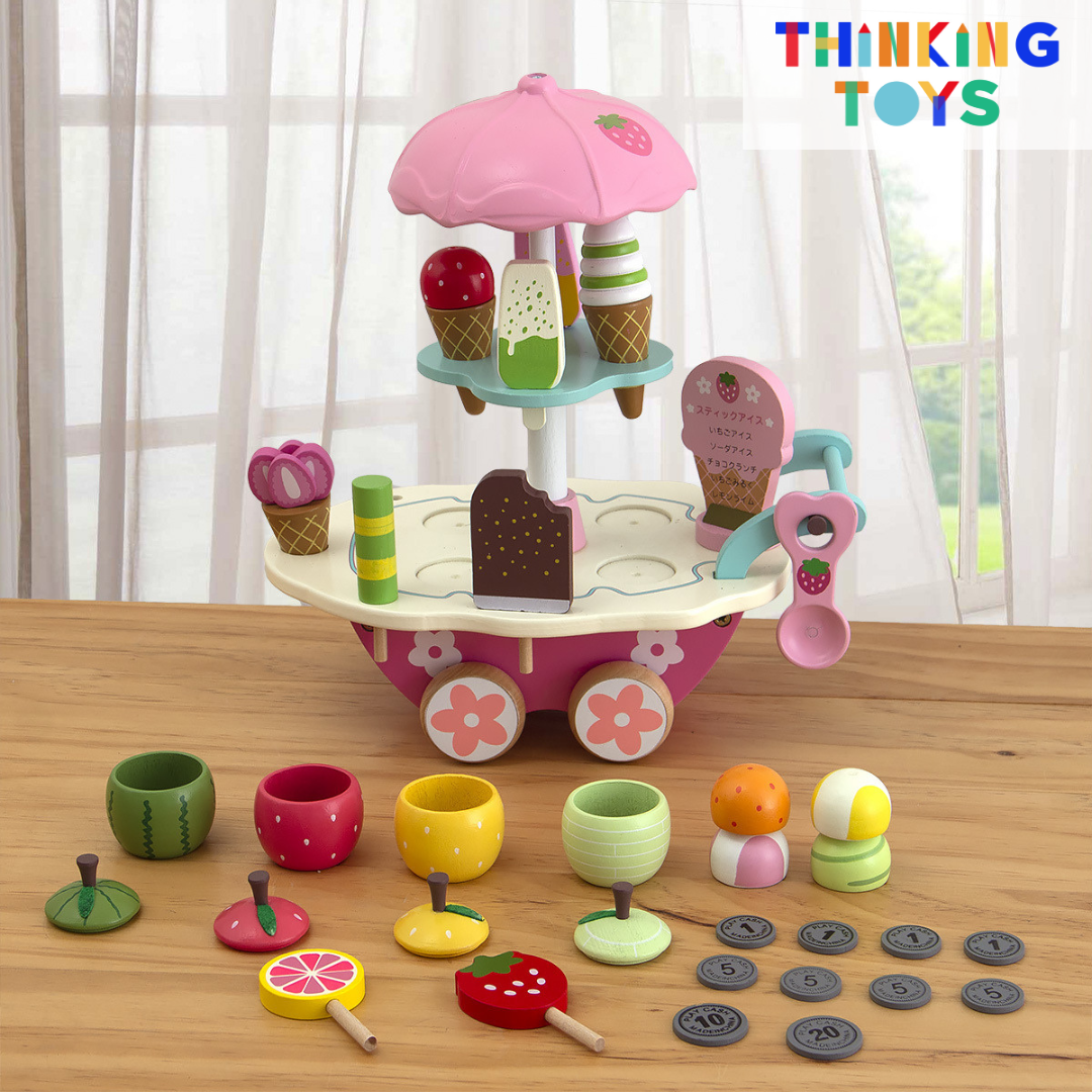 SP004, PLAYSHOP Wooden Mini Ice Cream Truck Cart Playset, Creates fun dessert scenarios that encourage creativity and teamwork in role play.
