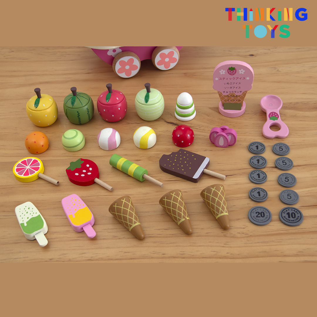 SP004, PLAYSHOP Wooden Mini Ice Cream Truck Cart Playset, Creates fun dessert scenarios that encourage creativity and teamwork in role play.