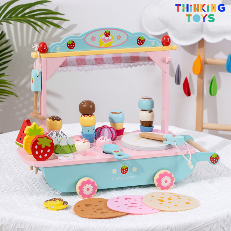 SP009, PLAYSHOP Wooden Ice Cream and Crepe Trolley Playset, Inspires storytelling and fun role play where kids serve treats to friends and family.