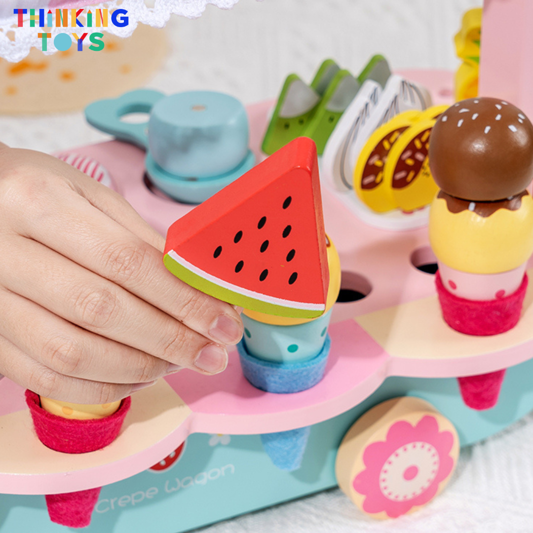 SP009, PLAYSHOP Wooden Ice Cream and Crepe Trolley Playset, Inspires storytelling and fun role play where kids serve treats to friends and family.