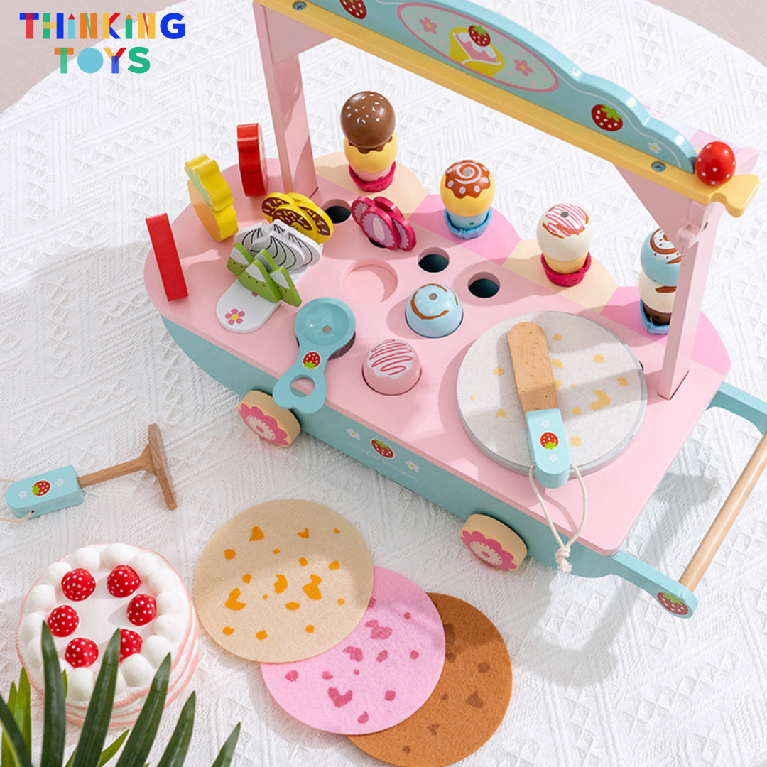 SP009, PLAYSHOP Wooden Ice Cream and Crepe Trolley Playset, Inspires storytelling and fun role play where kids serve treats to friends and family.