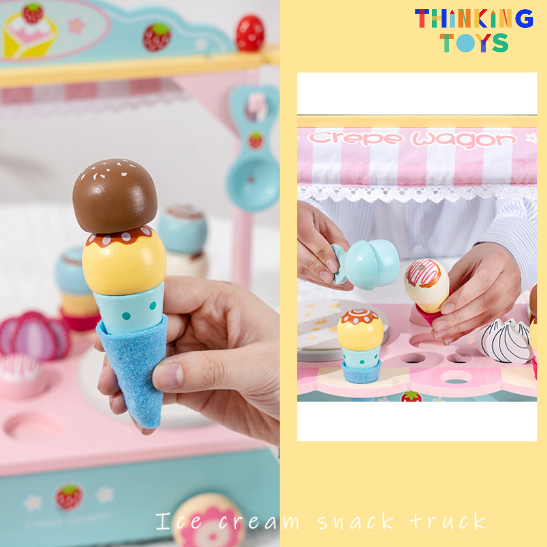 SP009, PLAYSHOP Wooden Ice Cream and Crepe Trolley Playset, Inspires storytelling and fun role play where kids serve treats to friends and family.