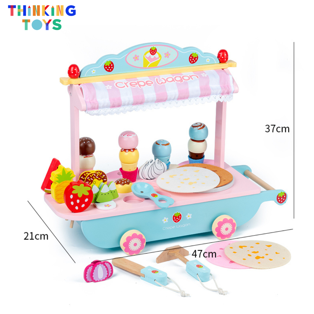 SP009, PLAYSHOP Wooden Ice Cream and Crepe Trolley Playset, Inspires storytelling and fun role play where kids serve treats to friends and family.