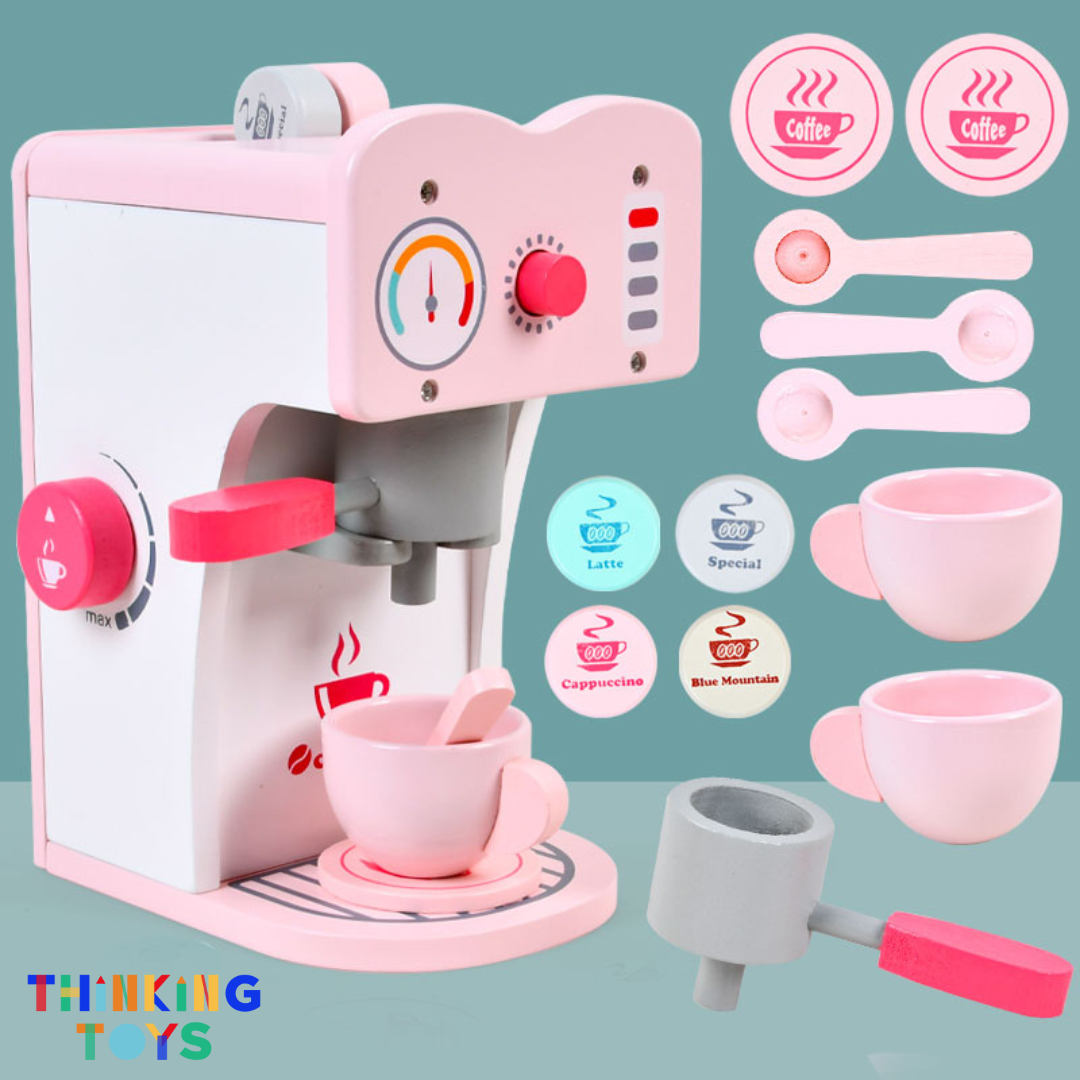 SP010, PLAYSHOP Wooden Coffee Espresso Maker Playset, Fosters barista-style pretend play while sparking creativity and social imagination.