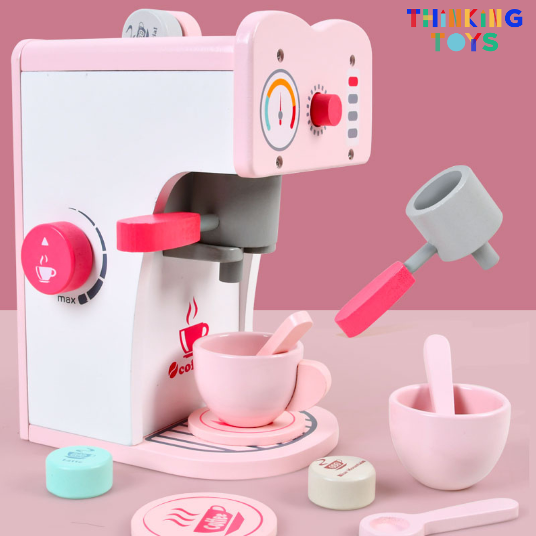 SP010, PLAYSHOP Wooden Coffee Espresso Maker Playset, Fosters barista-style pretend play while sparking creativity and social imagination.