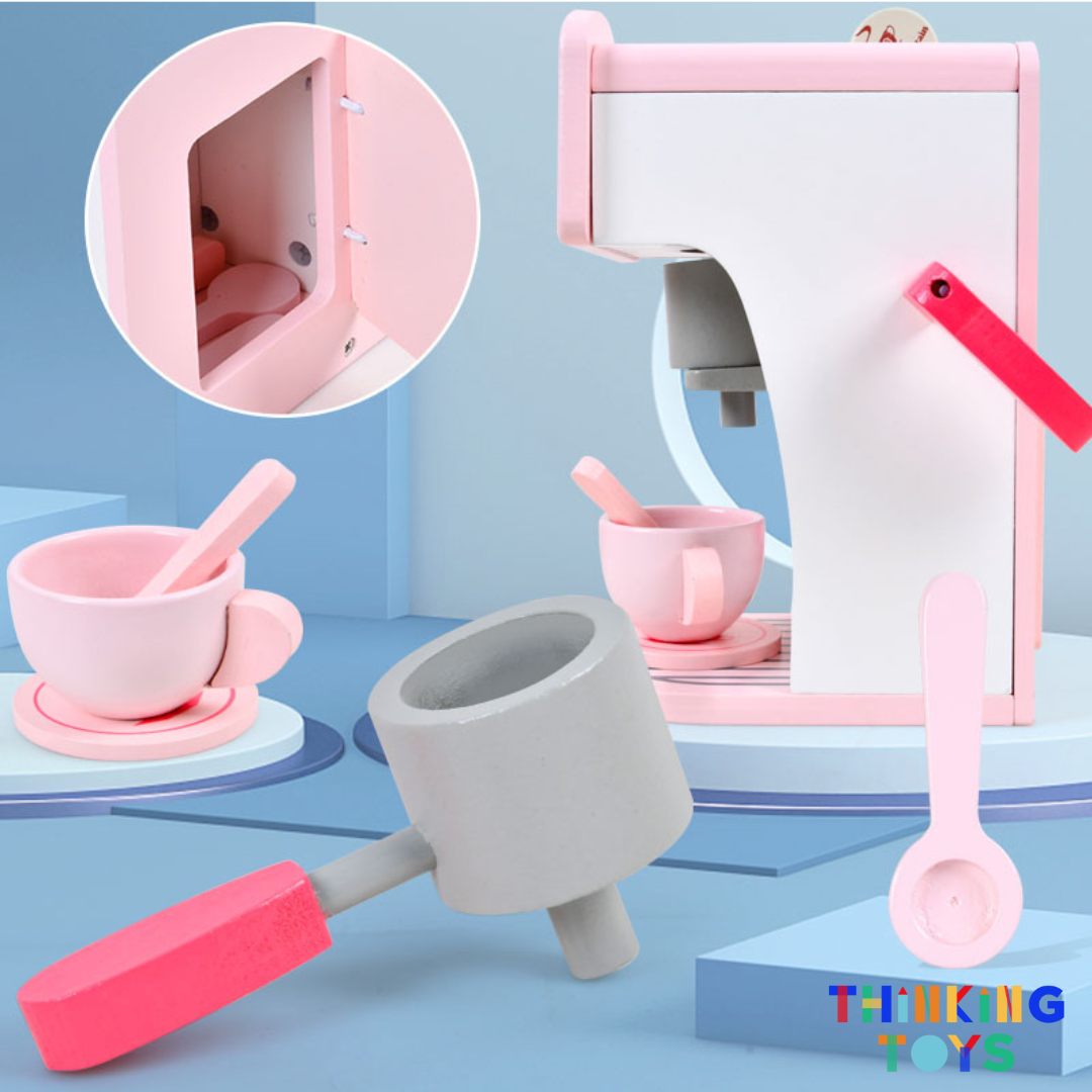 SP010, PLAYSHOP Wooden Coffee Espresso Maker Playset, Fosters barista-style pretend play while sparking creativity and social imagination.