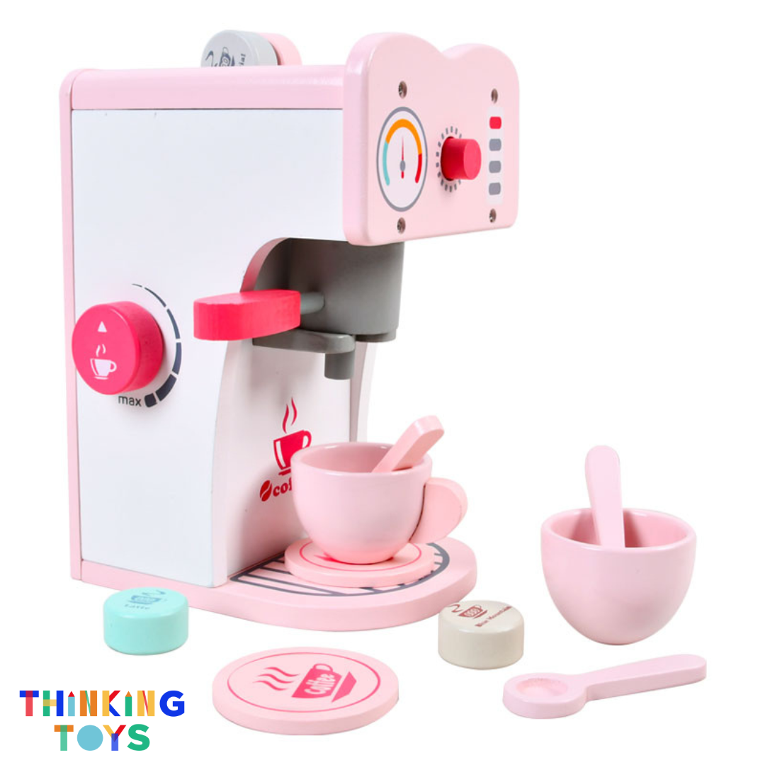 SP010, PLAYSHOP Wooden Coffee Espresso Maker Playset, Fosters barista-style pretend play while sparking creativity and social imagination.