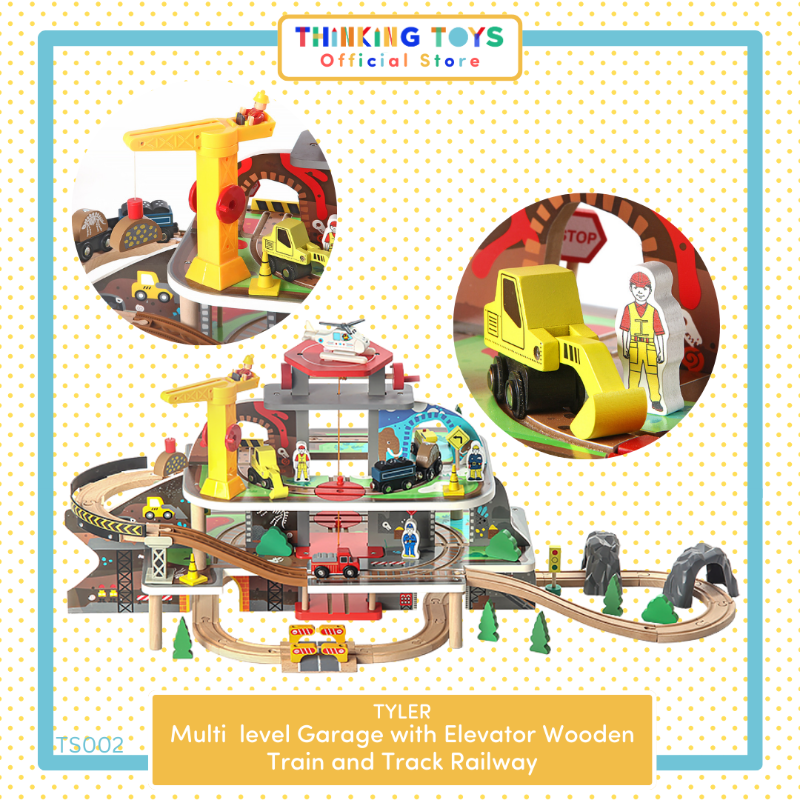 TS002, TYLER Multi-level Garage with Elevator Wooden Train & Track Railway Set, Builds teamwork and storytelling as kids imagine loading, transporting, and exploring.