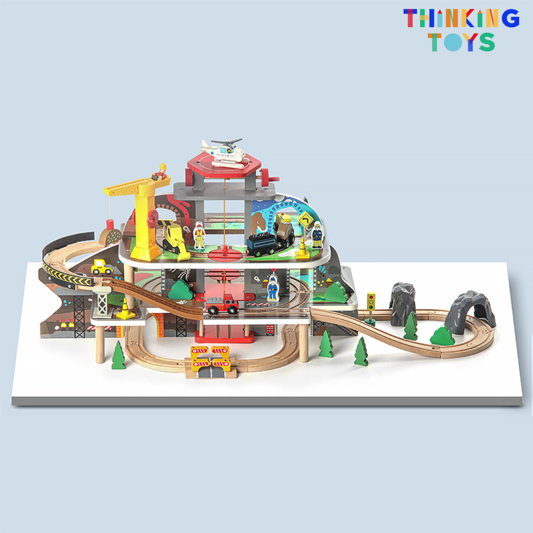 TS002, TYLER Multi-level Garage with Elevator Wooden Train & Track Railway Set, Builds teamwork and storytelling as kids imagine loading, transporting, and exploring.
