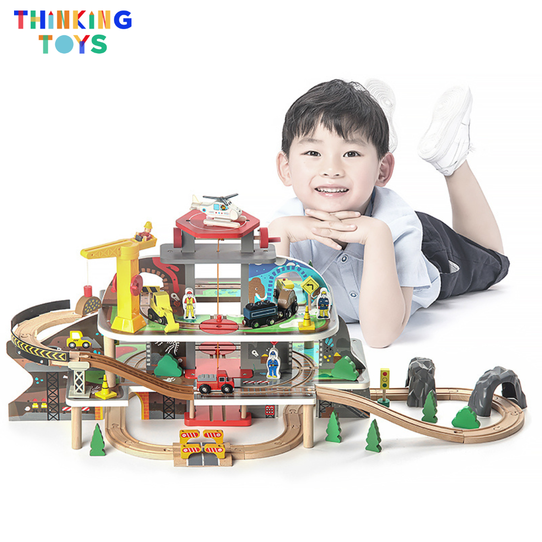 TS002, TYLER Multi-level Garage with Elevator Wooden Train & Track Railway Set, Builds teamwork and storytelling as kids imagine loading, transporting, and exploring.