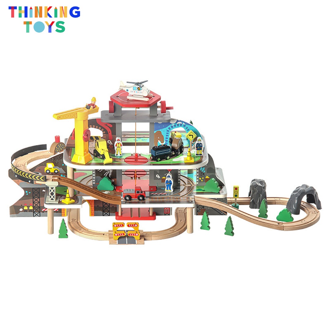 TS002, TYLER Multi-level Garage with Elevator Wooden Train & Track Railway Set, Builds teamwork and storytelling as kids imagine loading, transporting, and exploring.