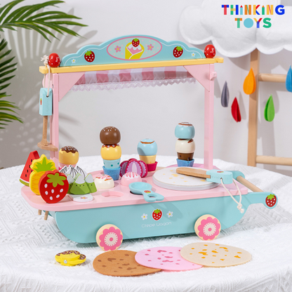 PLAYSHOP Wooden Ice Cream and Crepe Trolley Playset