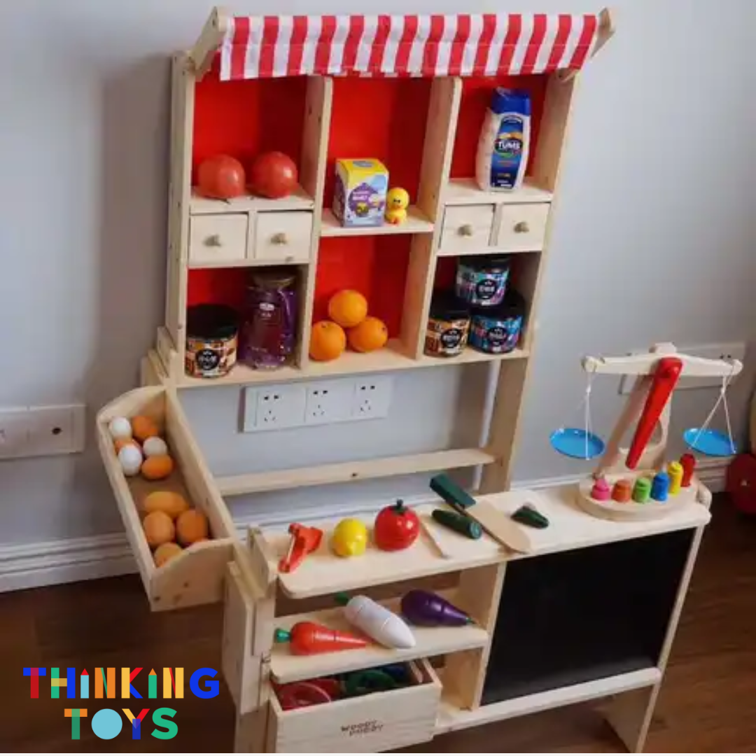 PLAYSHOP Wooden Fruit and Vegetable Market Booth Playset