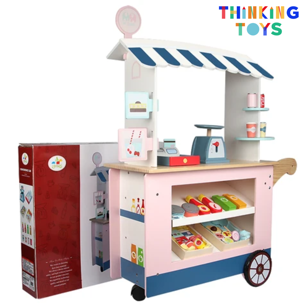 PLAYSHOP Wooden Convenience Store Pushcart Playset