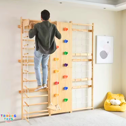 Wall-Mounted Wooden Climbing Gym with Slide (7 IN 1)