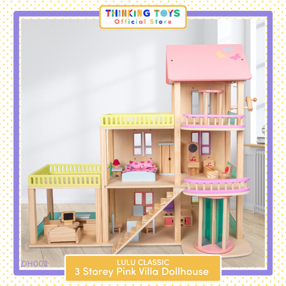 DH001, LULU CLASSIC 3-Storey Pink Dollhouse Villa , Promotes creativity and role play while giving children space to build imaginative stories.