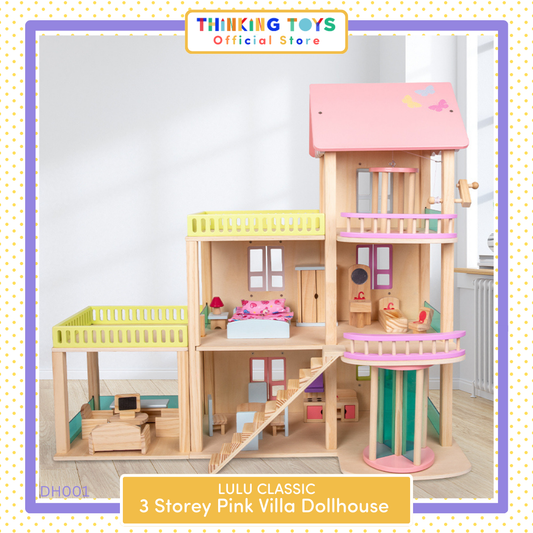 DH001, LULU CLASSIC 3-Storey Pink Dollhouse Villa , Promotes creativity and role play while giving children space to build imaginative stories.