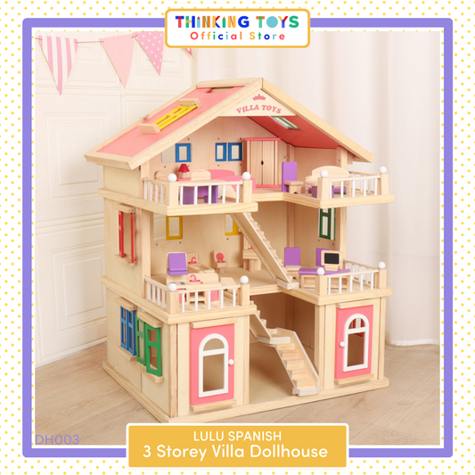 DH003, LULU SPANISH 3-Storey Villa Dollhouse , Supports inclusive role play, teamwork, and creativity in a versatile multi-level playhouse.