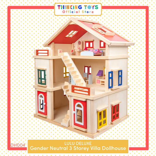 DH004, LULU DELUXE Gender Neutral  3-Storey Villa Dollhouse , Encourages storytelling and social play as kids imagine family life and daily adventures.