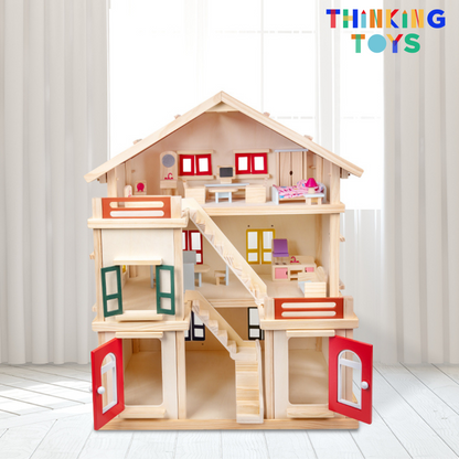 DH004, LULU DELUXE Gender Neutral  3-Storey Villa Dollhouse , Encourages storytelling and social play as kids imagine family life and daily adventures.