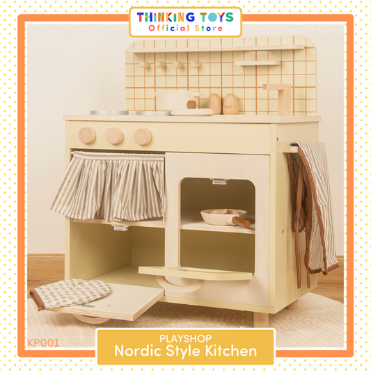 KP001, PLAYSHOP Wooden Nordic Style Kitchen Playset, Fosters storytelling, role play, and creativity with a minimalist design parents love in the home.