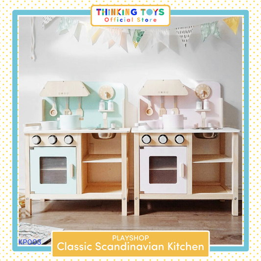 KP003-G, PLAYSHOP Wooden Classic Scandinavian Kitchen Playset (Green), Combines clean design with durable build, offering endless opportunities for imaginative role play.