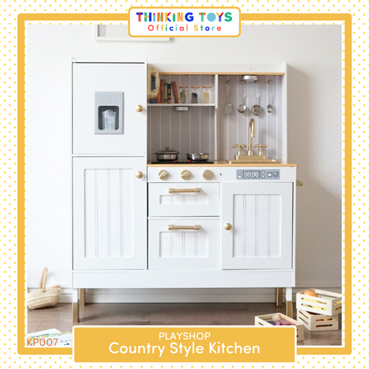 KP007, PLAYSHOP Wooden Country Style Kitchen Playset, Builds creativity and role play skills as kids explore make-believe cooking in a cozy setting.