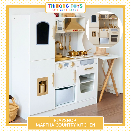 KP008, PLAYSHOP Martha Country Kitchen, The Playshop Martha Country Kitchen brings rustic charm to pretend play. With farmhouse-inspired design, stovetop, oven, and storage shelves, kids can role play as little chefs while developing creativity and social skills. Crafted from durable, child-safe wood, this kitchen playset offers hours of fun and imaginative learning. A great choice for families who want a classic and educational toy.