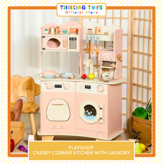 KP011, PLAYSHOP Cassey Corner Kitchen with Laundry, The Playshop Corner Kitchen with Laundry is a 2-in-1 pretend play set designed for little homemakers. With a compact corner design, it features a cooking station and a mini laundry area, encouraging kids to explore both cooking and cleaning through play. This wooden playset promotes creativity, role play, and independence, helping children understand everyday routines while having fun. Perfect for small spaces, it blends durability and child-safe design fo