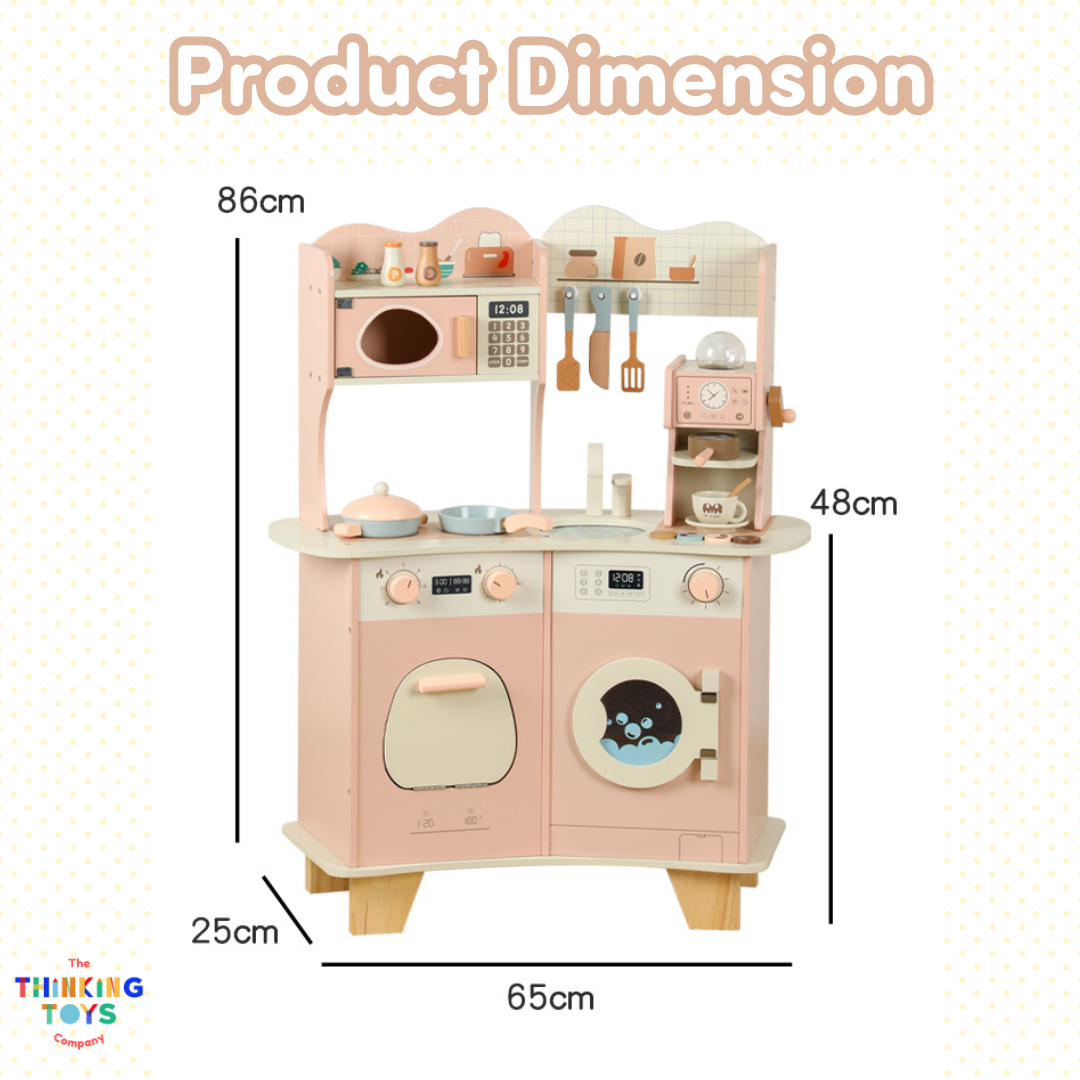 KP011, PLAYSHOP Cassey Corner Kitchen with Laundry, The Playshop Corner Kitchen with Laundry is a 2-in-1 pretend play set designed for little homemakers. With a compact corner design, it features a cooking station and a mini laundry area, encouraging kids to explore both cooking and cleaning through play. This wooden playset promotes creativity, role play, and independence, helping children understand everyday routines while having fun. Perfect for small spaces, it blends durability and child-safe design fo