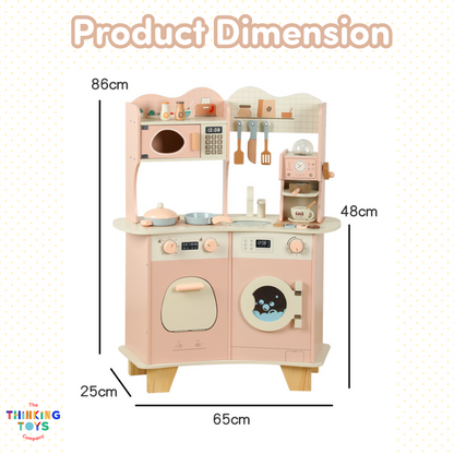 KP011, PLAYSHOP Cassey Corner Kitchen with Laundry, The Playshop Corner Kitchen with Laundry is a 2-in-1 pretend play set designed for little homemakers. With a compact corner design, it features a cooking station and a mini laundry area, encouraging kids to explore both cooking and cleaning through play. This wooden playset promotes creativity, role play, and independence, helping children understand everyday routines while having fun. Perfect for small spaces, it blends durability and child-safe design fo