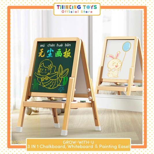 MF002, GROW-WITH-U 3 IN 1 Chalkboard, Whiteboard and Painting Easel, Encourages creativity and self-expression with multiple surfaces for drawing, writing, and painting.