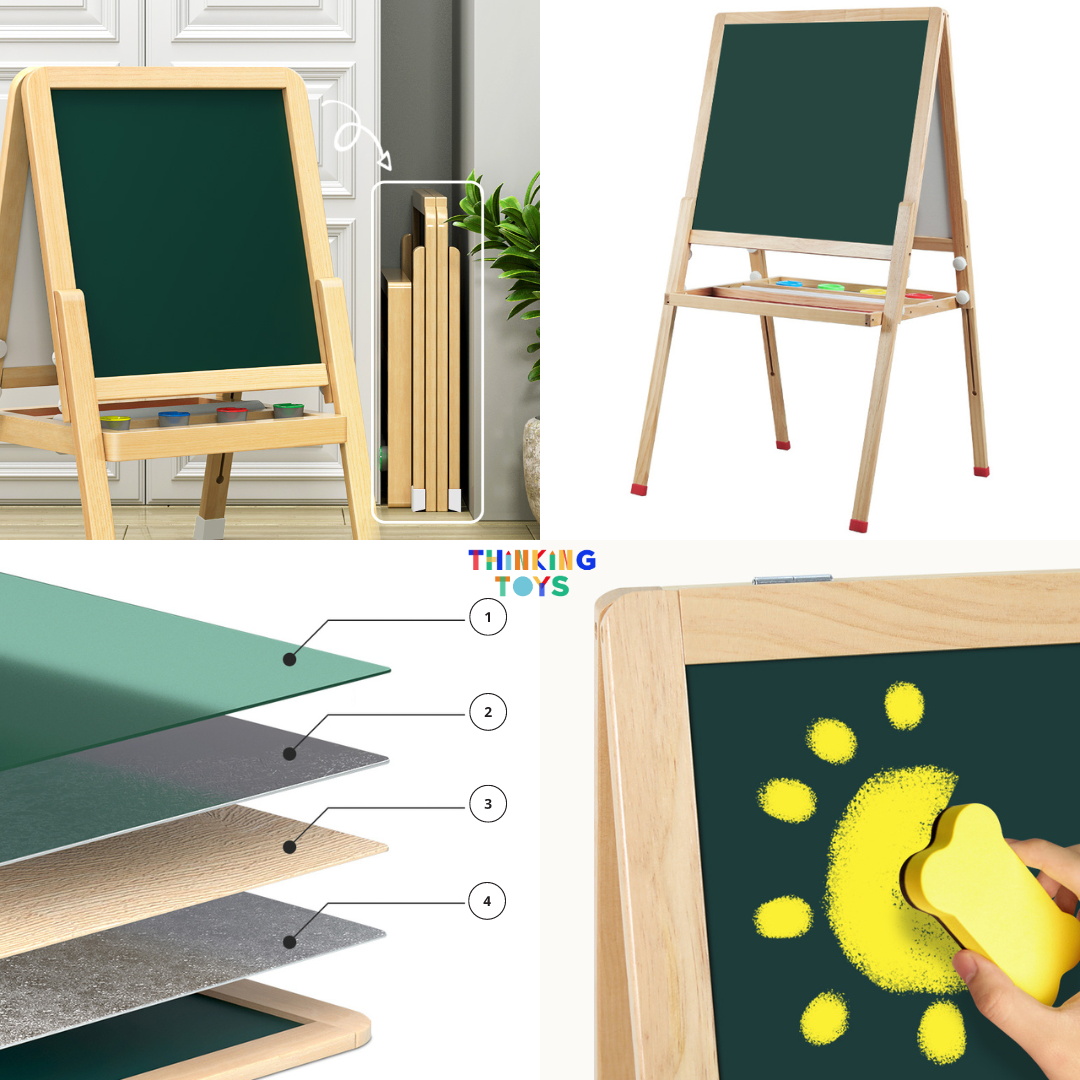 MF002, GROW-WITH-U 3 IN 1 Chalkboard, Whiteboard and Painting Easel, Encourages creativity and self-expression with multiple surfaces for drawing, writing, and painting.