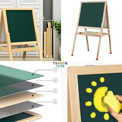 MF002, GROW-WITH-U 3 IN 1 Chalkboard, Whiteboard and Painting Easel, Encourages creativity and self-expression with multiple surfaces for drawing, writing, and painting.