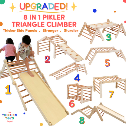 MPG001, HAPPYFEET 8 in 1 Wooden Pickler Triangle Climber, Builds strength, balance, and motor skills through adventurous climbing and sliding activities at home.