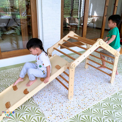 MPG001, HAPPYFEET 8 in 1 Wooden Pickler Triangle Climber, Builds strength, balance, and motor skills through adventurous climbing and sliding activities at home.