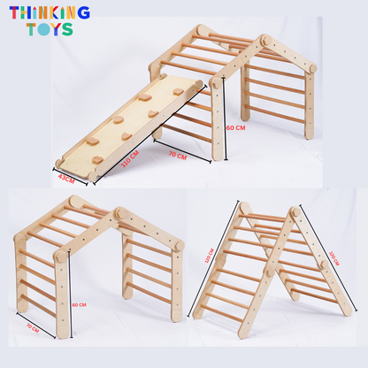 MPG001, HAPPYFEET 8 in 1 Wooden Pickler Triangle Climber, Builds strength, balance, and motor skills through adventurous climbing and sliding activities at home.